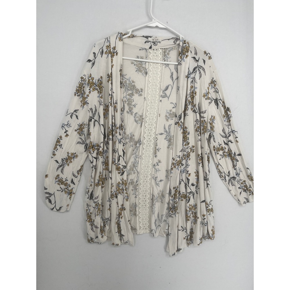 Maurices Floral Open Front Cardigan XL Crochet Lace Back Ruched Sleeve Boho
